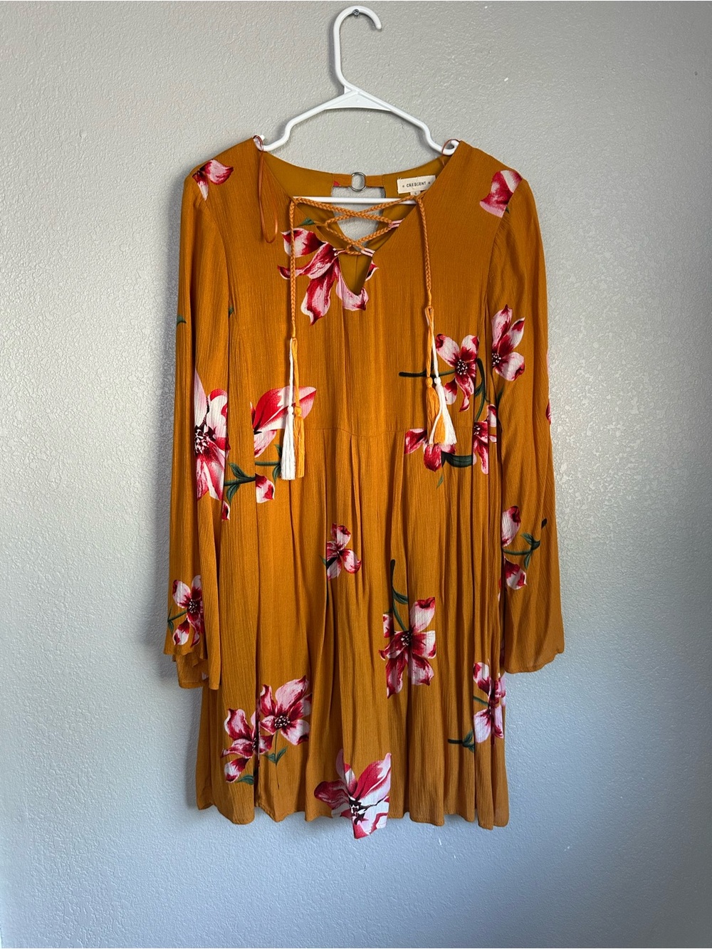 Crescent Yellow Floral Tropical Flowy Long Sleeve Knee Length Dress